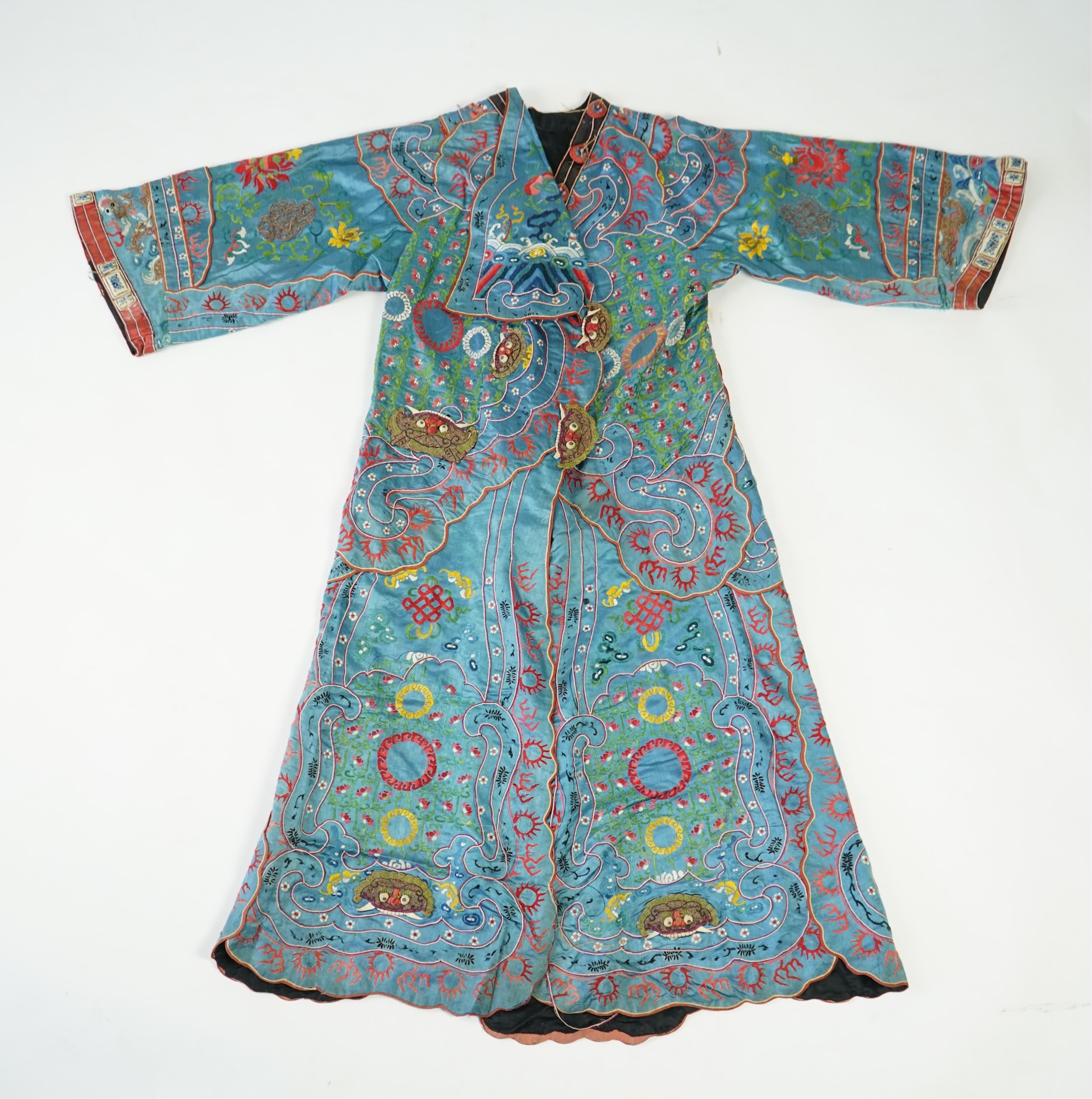 An unusual late 19th early 20th century Chinese silk embroidered robe, made for the tiger role, Jing, who symbolises power, bravery, protection and royalty. A character often used in Chinese opera, theatre and performing